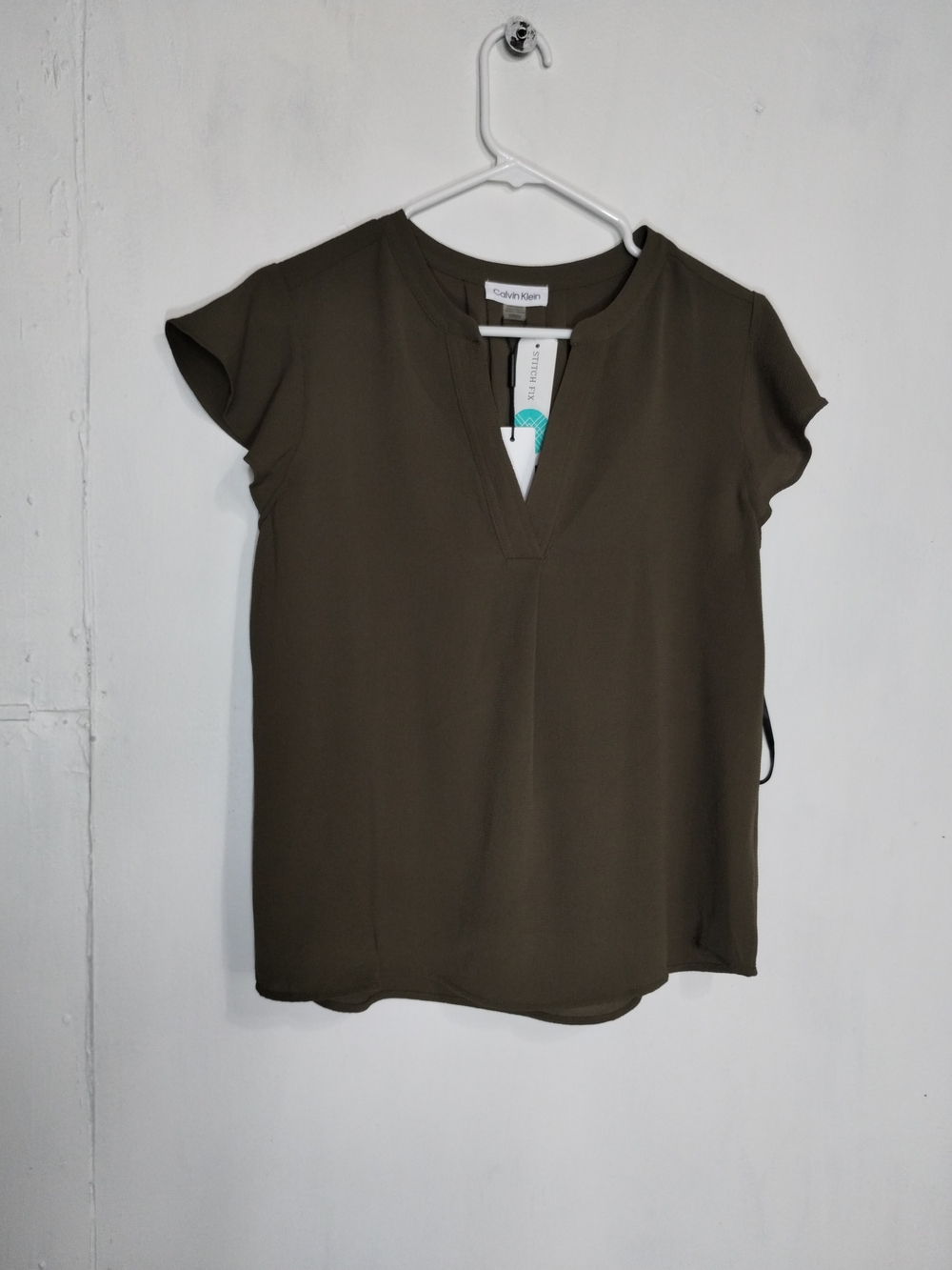 Calvin Klein Olive V-Neck Cap Sleeve Blouse